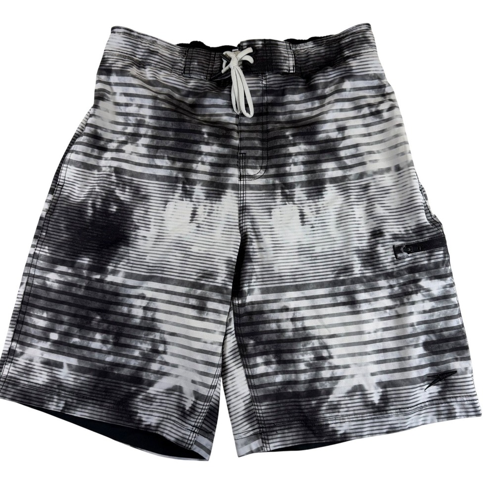 Speedo Mens Board Shorts Black White Tie Dye Stripe Swim Trunks Size Small S